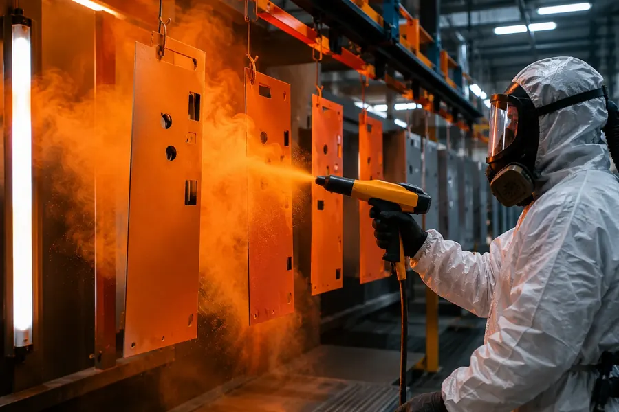 Powder coating of metal panels